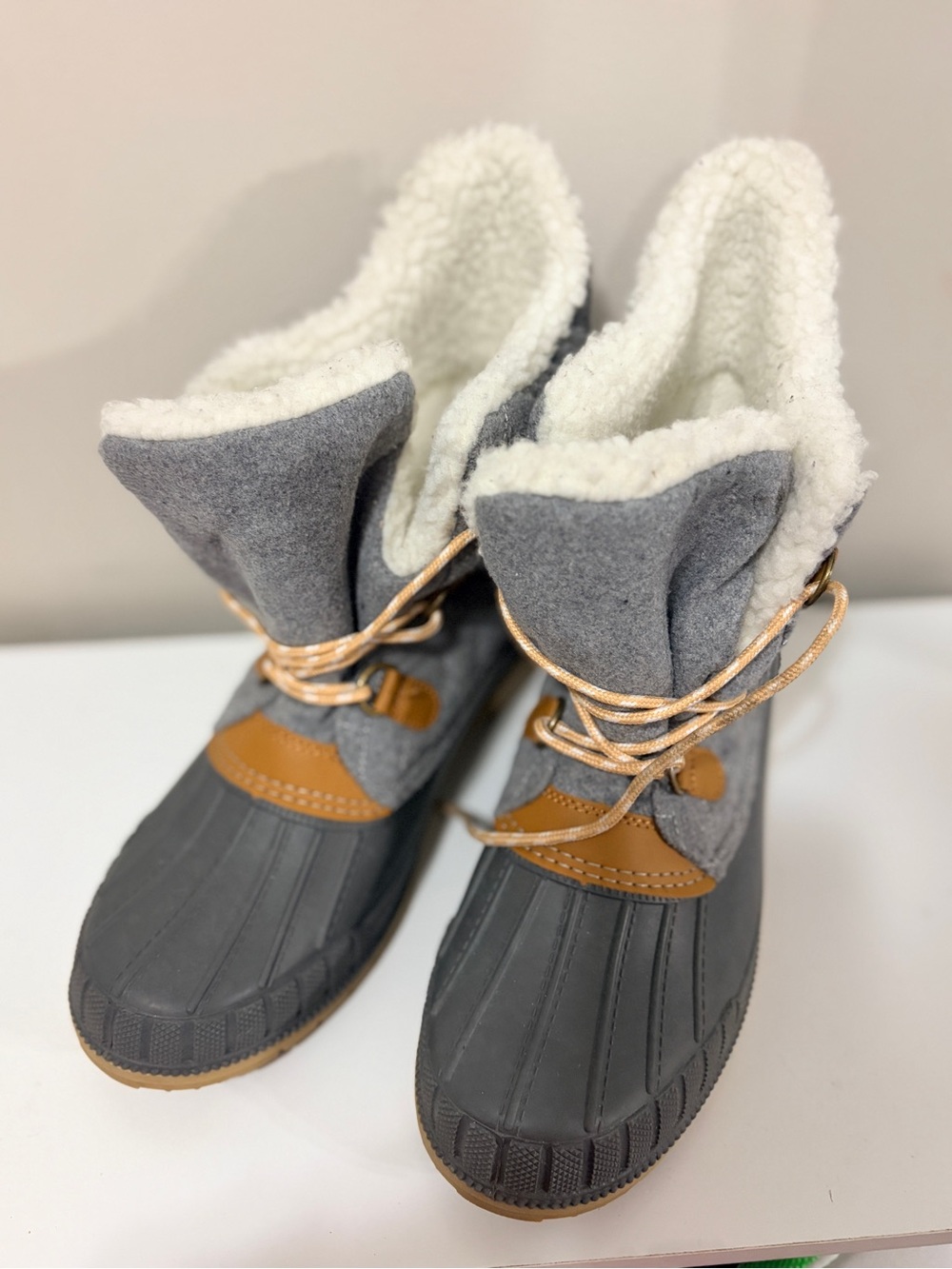Time and Tru Grey Sherpa-Lined Winter Duck Boots with Tan Accents